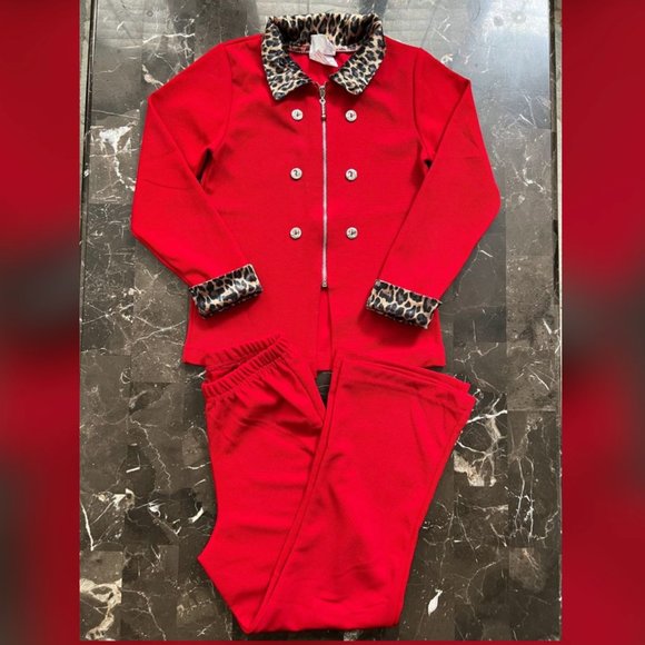90's Vintage Girl's Red Leopard Trim Top & Bottom Holiday Christmas Set - Picture 1 of 6